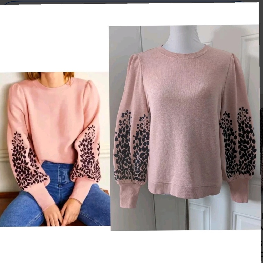 Boden Pink Sweatshirt with Navy Blue Floral Sleeves